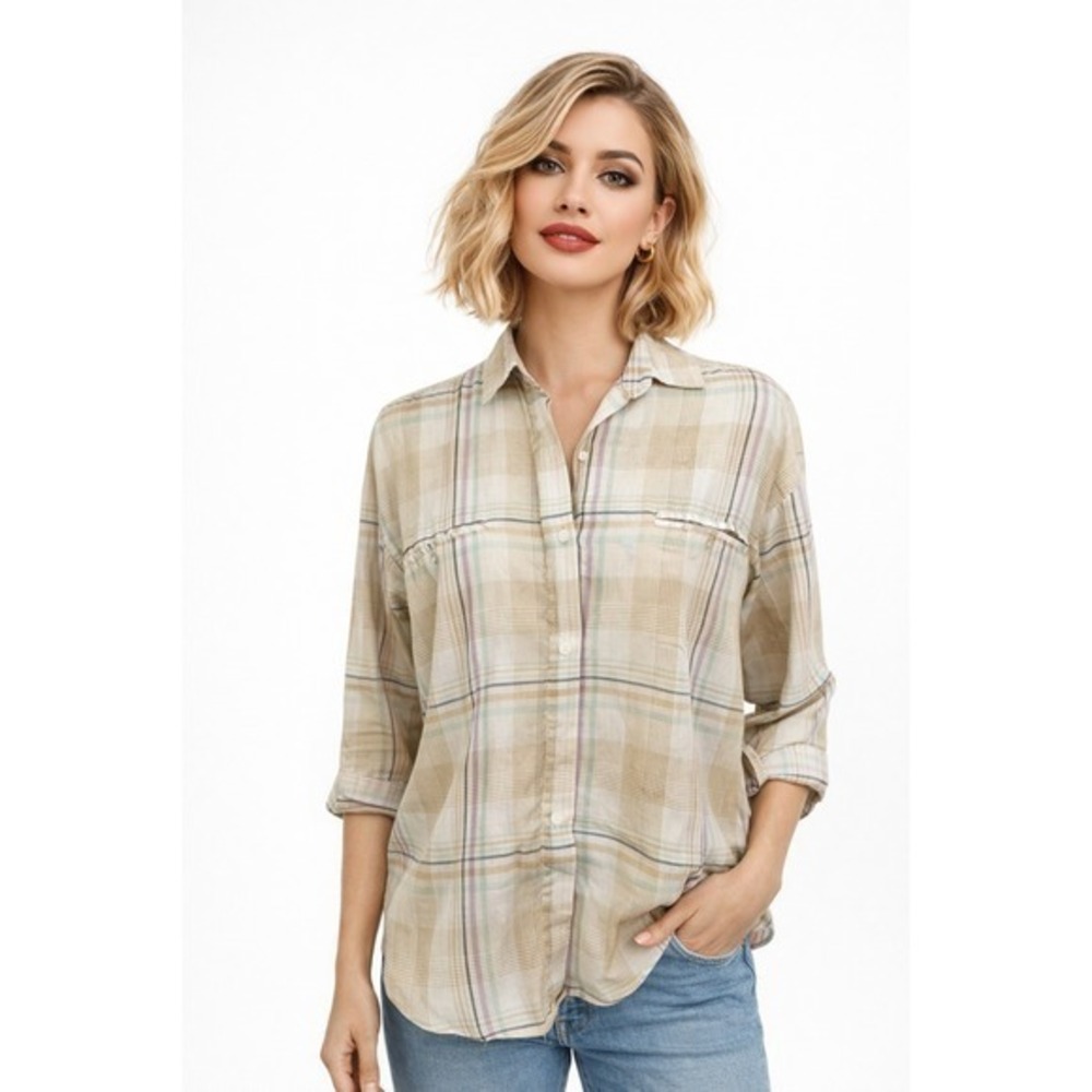 Diane Von Furstenberg Plaid‎ Button Up Shirt Women's Size S Beige Multi Color